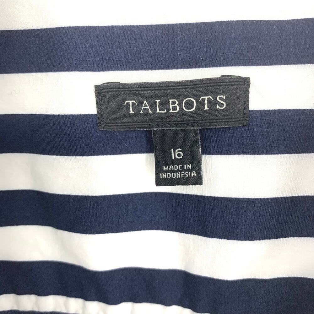 Talbots Plus Sz 16 Navy White Striped Button Front Shirt Roll Tab Sleeves - Picture 3 of 7